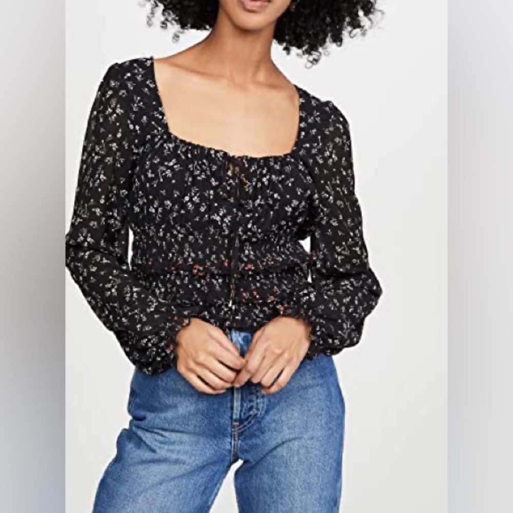 Free People Black Floral Print Smocked Long Sleeve Lolita Top